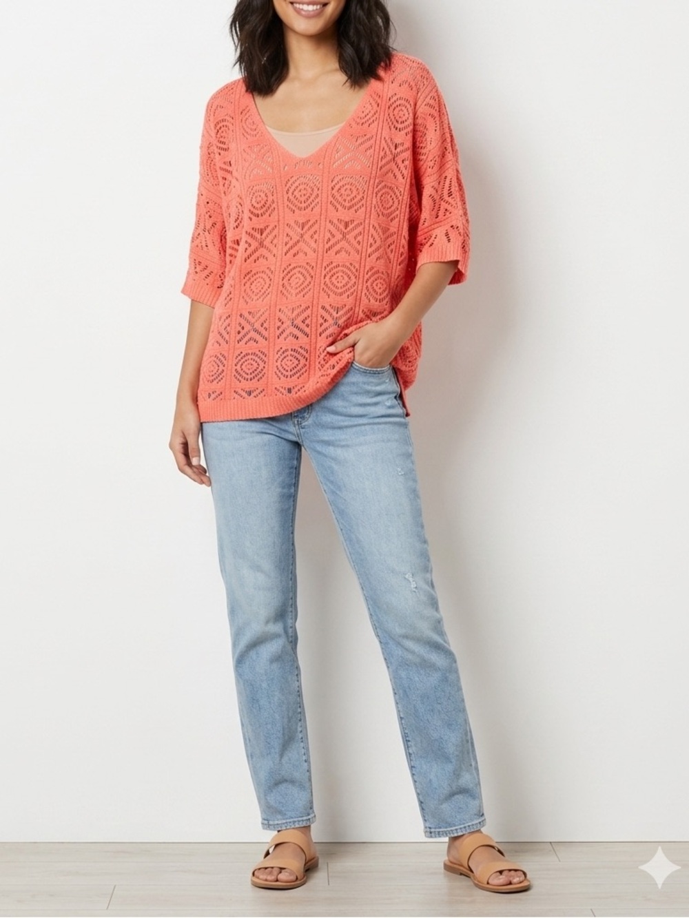 Crochet Knit V-Neck Pullover Sweater - Coral